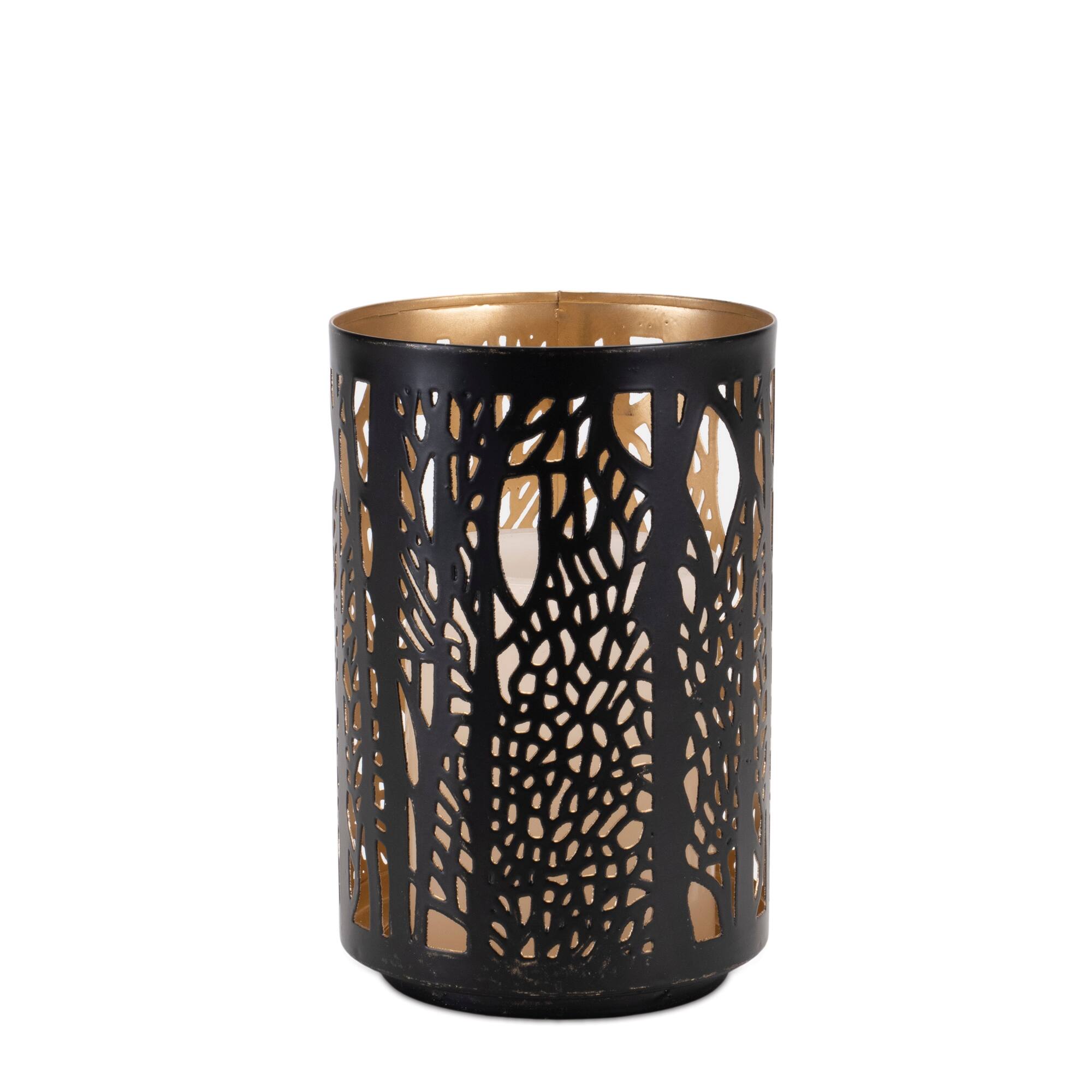 Black & Gold Forest Trees Punched Metal Candle Holder Set